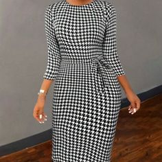 Brand New White Midi Dress For Office Wear, Casual Bodycon Midi Office Dress, Casual Bodycon Midi Dress For Office, Casual White Office Dress, Elegant Midi Dress With Houndstooth Pattern For Spring, Elegant Spring Midi Dress With Houndstooth Pattern, Elegant Houndstooth Midi Dress For Spring, Chic White Office Wear Dress, Casual Long Sleeve Midi Dress For Office