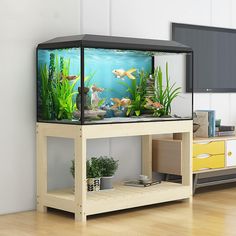 a fish tank sitting on top of a wooden table