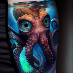 an octopus with large eyes and tentacles in the water is depicted on this tattoo artist's leg