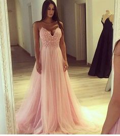 Rosa Abendkleider Spitze Spaghetti Träger A Line Tulle Abendmoden Abiballkledier_Brautkleider,Abiballkleider,Abendkleider Gaun Tulle, Cheap Dress, Spaghetti Strap Prom Dress, Tulle Evening Dress, V Neck Prom Dresses, Elegant Prom Dresses, Lace Prom Dress, Prom Dresses Sleeveless, Lace Evening Dresses