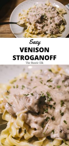 the cover of easy venison stroganonoff is shown on a plate