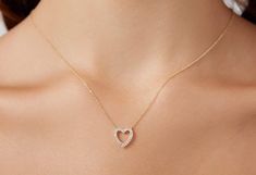 14K SOLID YELLOW GOLD DAINTY HEART NECKLACE WITH DIAMONDSHere is a delicate and simple, yet classy Diamond Heart Necklace. This is 14k Solid Gold. (We do not sell filled or plated jewelry) Perfect for everyday use.Metal : 14K Solid GoldNecklace Length : 17 inches / 42.5cmHeart Height : 11.00mmHeart Width : 10.75mmDiamond : 25 Diamonds --- Nice White Color Sparkle Diamonds ---- G-H color SI2 clarityTotal Carat: 0.15ct ---Absolutely stunning. Comes in a gift box. ---Shipping Policy----Item will be Yellow Gold Heart Necklace, Diamond Necklace Gift, Gold Diamond Heart Necklace, Dainty Heart Necklace, Diamond Heart Necklace, Diamond Initial Necklace, Open Heart Necklace, Heart Necklace Diamond, Solid Gold Necklace