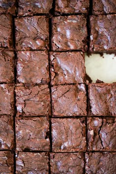 chocolate brownies cut into squares with a bite taken out of the center and on top