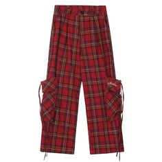 Wide-leg cargo pants with red plaid print. Features multiple pockets, a high-waisted fit, and adjustable drawstring details Size:• S: Waist: 66cm/ 26.0 in, Hips: 112cm/ 44.1 in, Length: 99cm/ 38.9 in• M: Waist: 70cm/ 27.6 in, Hips: 116cm/ 45.7 in, Length: 101cm/ 39.8 in• L: Waist: 74cm/ 29.1 in, Hips: 120cm/ 47.2 in, Length: 103cm/ 40.6 inMaterial: 100% Cotton Baggy Red Cargo Pants With Cargo Pockets, Red Cotton Parachute Pants With Cargo Pockets, Plaid Bottoms For Fall Streetwear, Plaid Cotton Pants For Streetwear, Red Wide Leg Cargo Pants For Fall, Trendy Red Fall Cargo Pants, Red Cotton Utility Pants, Trendy Red Cargo Pants For Fall, High Waist Red Cargo Pants With Pockets