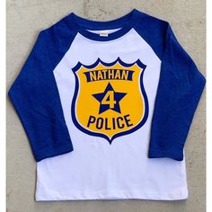 Personalized Birthday Police Badge Shirt -3/4 or long sleeve relaxed fit raglan baseball shirt - Any age and name - pick your colors! Boys Tops, Police Badge, Loose Fit Shirts, Kids Graphic Tees, Baseball Shirt, Raglan Shirts, Summer Parties