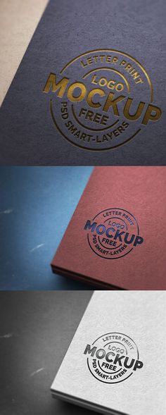 three different logos for mockup products and their logo designs are shown in this image