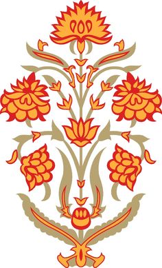 an orange and yellow floral design on a white background, with red flowers in the center