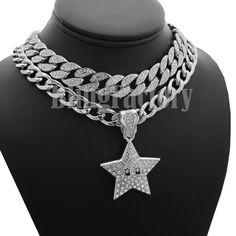 Iced Hip Hop Mario Star Pendant & 18" Full Iced Choker Cuban Bling Necklace Set HIP HOP CELEBRITY STYLE BRAND NEW USA SELLER Product Description  Iced 18" Miami Cuban Choker The piece featured here is made with cuban style, thick links. each one covered with cubic zirconia accents through out the chain. The necklace is a nice, thick piece. Made with White Gold finish over Alloy. Very popular, celebrity style piece. Unique, All fresh design. Makes a perfect piece to wear by itself very trendy hot and popular item. Chain length : 18",  width : 15mm Mario Star Necklace : WHITE GOLD PLATED SIZE OF PENDANT:  65mm x 70mm 11mm 18" Cuban Link Chain Lab Diamonds on pendant High Quality and polished. Payments: US Customers: Paypal accepted International Customers: Paypal accepted Shipping: For Shipp Mario Star, Bling Necklace, Cuban Link Chain, Star Pendant, Star Necklace, Lab Diamonds, Fashion Watches, Necklace Set, Jewelry Sets