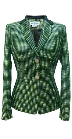 Mellaris Henley Jacket JKT170B Green/Silver Metallic Tweed This softly tailored jacket is an understated alternative for a day in the office and a night at a cocktail bar. With contemporary seam detail and metallic fabric, it can be worn with anything. -Tailored Fit -Fully Lined Wash Care: Dry Clean. Main Fabric Composition: 100% Polyester Lining Fabric Composition: 100% Polyester Model is 5'7''/174 cm and is wearing a UK size 8 Green Tweed, Metallic Yarn, Jumpsuit Jacket, Metallic Fabric, Cocktail Bar, Apple Green, Knitwear Tops, Tailored Jacket, Lining Fabric