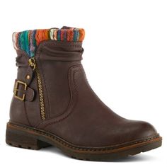 PATRIZIA Style: AVONNI These woman's multi-colored scrunched sweater boot with a decorative buckle is the perfect statement piece for any fashion-forward woman. The unique design of the boot features a colorful, scrunched sweater material that adds texture and depth to any outfit. The decorative buckle on the side of the boot provides an extra touch of style and sophistication, making these boots perfect for both casual and dressy occasions. Not only do they look great, but they are also comfort Spring Step Shoes, Zipper Heels, Sweater Material, Sweater Boots, Winter Boots Women, Brown Shoe, Leather Booties, Winter Boots, Ankle Booties