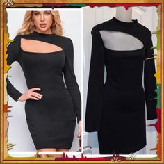 Black Cut Out Neck Bodycon Dress. Rib-Knit Material. High Neck Stretch Sweater Dress For Party, Bodycon Sweater Dress For Party, Solid Bodycon Sweater Dress For Party, Casual Black Sweater Dress For Party, Bodycon Party Sweater Dress, Black Fitted Sweater Dress For Evening, Black Stretch Sweater Dress For Date Night, Black High Neck Sweater Dress For Night Out, Fitted Black Sweater Dress For Night Out