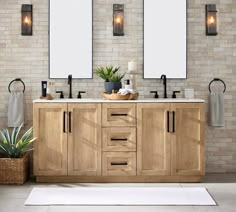 a bathroom with double sinks and mirrors on the wall, along with two planters