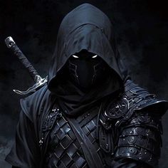 a man in black with a hood and two swords