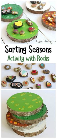 some rocks are sitting on top of each other with the words sorting seasonss activity with rocks