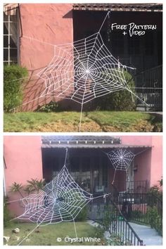 two pictures of spider webs in front of a house