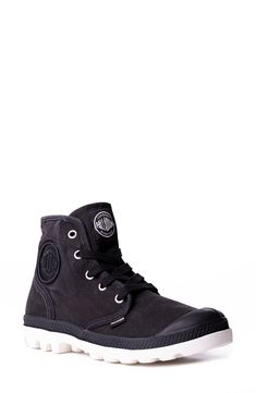 A tonal logo patch accentuates the sporty style of a high-top–inspired bootie set on a sturdy lugged sole. 1 1/4" heel; 3/4" platform; 4 1/2" shaft (size 8.5) Lace-up style Removable insole Textile upper and lining/rubber sole Imported Women's Shoes Casual Low-top Lace-up Boots With Lug Sole, Casual Lace-up Boots With Lug Sole For Outdoor, High-top Lace-up Boots For Streetwear, Casual Moto Boots With Lug Sole For Outdoor Activities, Casual Moto Boots With Lug Sole For Outdoor, Casual Mid-top Lace-up Boots With Rubber Sole, Casual Ankle-high Moto Boots For Outdoor, Casual High-top Lace-up Boots, Black High-top Sneakers With Logo Patch