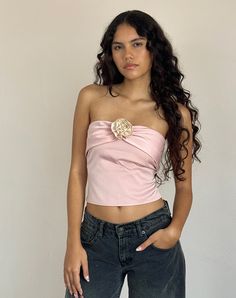 Astrum Satin Bandeau Top in Pink with Ivory Rose Parallel Jeans, Pink Satin Fabric, Strapless Bandeau, Cream Top, Satin Roses, Party Dress Long Sleeve, Strappy Top, Bandeau Dress, Italy Fashion