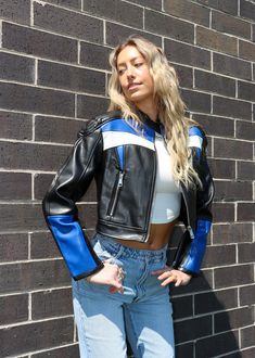 Racer Jacket Women, Outfit With Racer Jacket, Blue Biker Jacket Outfit, Bike Jacket Outfit, Leather Racer Jacket Outfit, Motorcycle Jacket Outfits For Women, Racer Girl Outfit, Blue Leather Outfit