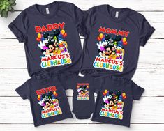 three matching shirts with mickey mouse's clubhouse on them