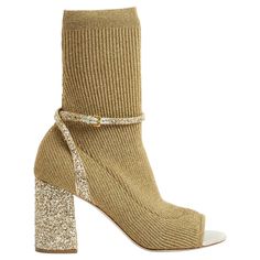 Miu Miu open toe slip-on boots in gold-colored sock knit, thin strap to close with a pin buckle around the ankle and leather heel covered with gold glitter, gold leather insole. Size EU40, insole 25.7 cm, heel 6.5 cm, upper (from the heel) 20 cm. The boots have only been worn once, they are in excellent condition, so glam. Miu Miu Boots, Miu Miu Shoes, Slip On Boots, Glitter Gold, Colorful Socks, Gold Leather, Knitting Socks, Leather Heels, Gold Glitter