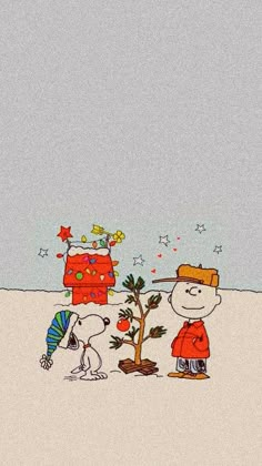 a charlie brown christmas card with a little boy and his dog standing next to a tree