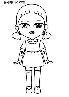 a cartoon girl with big eyes and short hair wearing a dress, standing in front of a