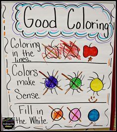 a bulletin board with different colors and writing on the front, along with words that spell out good coloring in the lines