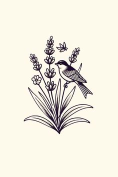 a bird sitting on top of a plant next to some leaves and flowers in black ink