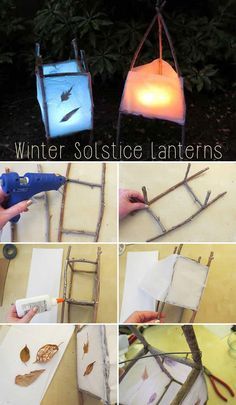 the steps to make an outdoor lantern made out of branches and twigs are shown in four different ways