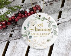 The 50th Anniversary ceramic ornament is a meticulously crafted piece designed to commemorate a half-century of love and commitment. Adorned with delicate florals and featuring a beautiful font, it captures the essence of this significant milestone in an elegant and timeless manner. The ornament is made from high-quality ceramic, known for its durability and smooth finish. Its circular shape symbolizes the eternal nature of love, while its size is just right to hang on a Christmas tree or displa Parents Wedding Anniversary, Anniversary Gift For Parents, Anniversary Ornament, 50th Anniversary Gifts, Parents Wedding, Anniversary Gifts For Parents, Golden Anniversary, Wedding Ornament, Gift For Parents