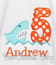 "Shark Birthday Shirt. Any age. Custom made to your specifications. You pick the fabric and font. Do you need a coordinating hair bow, bib, diaper cover, shorts or pants? Are you looking for matching family shirts? Convo me for details and a custom listing with combined shipping. All items are custom made in my smoke free studio. Care instructions: Hand wash and lay flat to dry or wash inside out in a garment bag and lay flat to dry. YOU CAN FIND LINKS TO MY FULL FONT AND FABRIC CHART IN MY SHOP Shark Birthday Shirt, Matching Family Shirts, Birthday Summer, Birthday Boys, Shark Shirt, Shark Birthday, Sea Birthday, Shark Bites, Summer Birthday