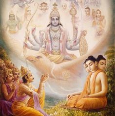 an image of the hindu god sitting in front of other people and animals with their hands together