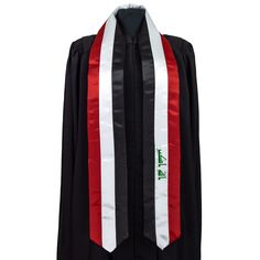 Celebrate your graduation with our quality 72″ Iraq flag sash. - Ideal for International or Study Abroad Student - Rounded, not V neck in back, made from washable dancelight satin, and fully lined to hang nicely in front - Conceptual flag incorporated into the design - Perfect way to show heritage or accomplishments - Keepsake Memorabilia Do you want two flags on your sash, try this option. https://www.etsy.com/listing/968056475/graduation-sash-with-two-flags?ref=listings_manager_grid Satin Graduation Stole With Sashes, Iraq Flag, Graduation Sash, Graduation Stole, I Love My Daughter, Study Abroad, Iraq, Shawls And Wraps, Scarf Accessory