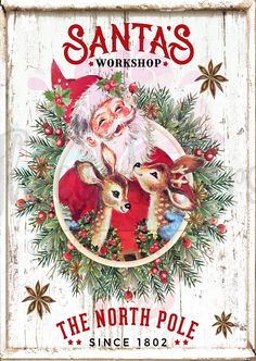 santa's workshop sign with reindeers and holly wreath on the front, surrounded by stars