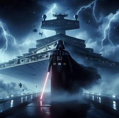 darth vader standing in front of a huge ship with lightning behind him and the sky filled with clouds