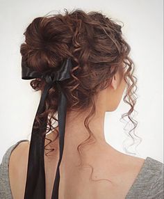 Curly Bun, Ribbon Hairstyle, Hair Reference, Aesthetic Hair, Hair Dos, Hairstyle Ideas, Prom Hair, Pretty Hairstyles, Hair Looks