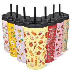 six different colored cups with black lids and straws on them, all decorated in cartoon characters