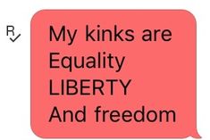 a pink speech bubble with the words, my kinks are equality liberty and freedom