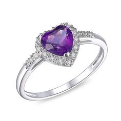 Make any day special with this gorgeous gemstone and diamond heart ring. Crafted in cool 10K white gold, this romantic choice features a 6.0mm heart-shaped bright purple amethyst wrapped in a frame of sparkling diamonds. Additional diamonds shimmer along the shank to complete this sweet style. Captivating with 1/10 ct. t.w. of diamonds and a brilliant buffed luster, this ring is certain to be adored. Elegant Purple Heart Promise Ring, Elegant Heart-shaped Amethyst Ring, Elegant Purple Heart Ring For Anniversary, Elegant Heart-shaped Amethyst Ring For Valentine's Day, Elegant Amethyst Heart-shaped Birthstone Ring, Purple Heart Ring For Valentine's Day, Elegant Heart-shaped Amethyst Ring With Accent Stones, Elegant Amethyst Ring For Anniversary On Valentine's Day, Elegant Heart Cut Amethyst Ring For Anniversary