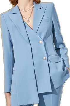 Spring V-neck Blazer With Double Button Closure, V-neck Single Breasted Blazer For Business Casual, Tailored V-neck Blazer With Button Closure, Chic Notched Suit For Career, Chic Notched Career Suit, Chic Blue Suit With Lapel Collar, Chic Blue Suit With Hidden Button Closure, Blue Notch Lapel Skirt Suit For Formal Occasions, Spring V-neck Blazer For Office Wear