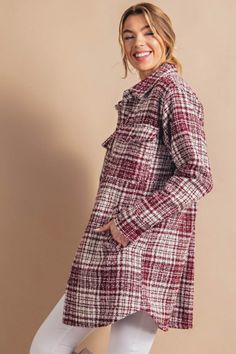 - Texture plaid check shacket - Model is 5'8" tall, wearing size small Kimono Outerwear, Loungewear Dresses, Classic Jacket, Short Kimono, Plaid Jacket, Elevate Your Look, Side Pocket, Plaid Pattern, Snap Button