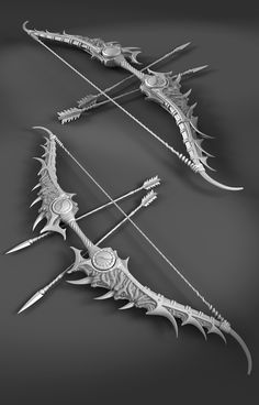 two metal bows and arrows are shown in this 3d renderings image, one is black and the other is white