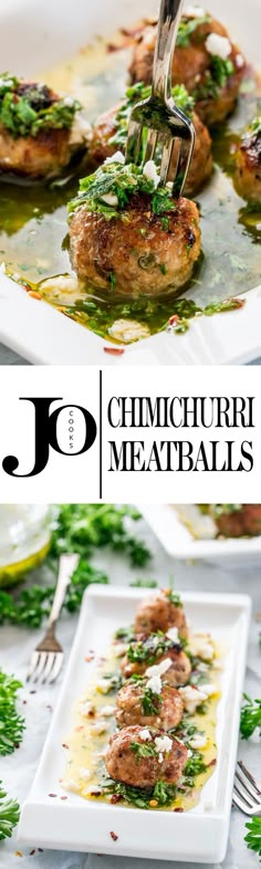 a close up of food on a plate with a fork in it and the words, chimiccuri meatballs