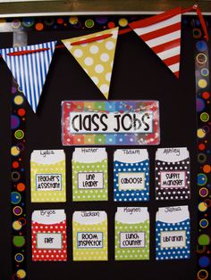 a classroom bulletin board decorated with polka dot pennants and name tags that read class jobs