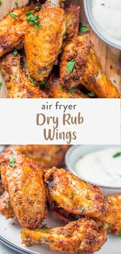 air fryer dry rub wings on a plate with ranch dressing