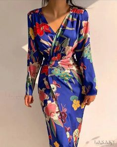 Lasaky - Long Sleeve Floral Print V-Neck Maxi Dress Sophia Dress, Floral Dresses Long, Neck Bodycon Dress, Body Con Dress, Printed Shirt Dress, Floral Blue Dress, Long Sleeve Maxi, Maxi Dress Blue, Party Dresses For Women