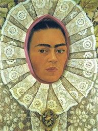 a painting of a woman's face with an elaborate fan around her neck and shoulders