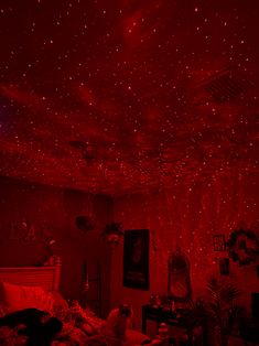 a red room with stars on the ceiling