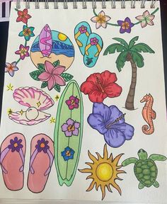 a drawing of various beach items and flowers on a white paper with colored pencils