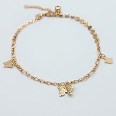 "GOLD PLATED JEWELRY 18K Gold Plated butterfly charm & bead bell Anklet Bracelet Pulsera Tobillera de Oro Laminado 18K Size: 9\" + 1.5in ext U.S. Seller: Shipping with tracking number. We seek to do the best in our work, if there is any problem, please let us know to fix it ASAP. God bless you!" Gold Dangle Anklets As Gift, Gold Dangle Anklets For Gift, Adjustable Gold Jewelry With Butterfly Charm, Yellow Gold Butterfly Charm Jewelry For Everyday, Gold Dangle Jewelry With Butterfly Charm, Gold Metal Jewelry With Butterfly Clasp, Gold Metal Jewelry With Butterfly Charm, Adjustable Gold Bracelets With Butterfly Clasp, Gold Dangle Butterfly Charm Jewelry